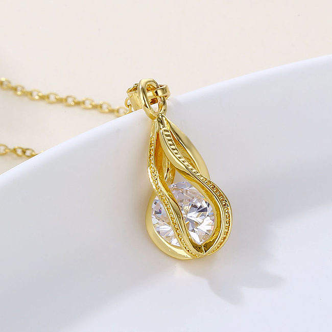 Elegant Water Droplets Stainless Steel  Plating Hollow Out Inlay Zircon 18K Gold Plated Pendant Necklace