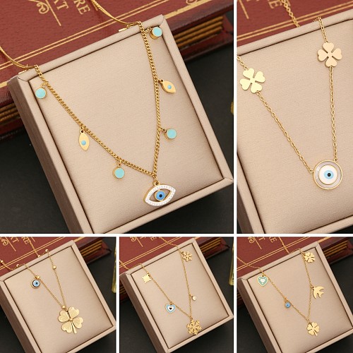 IG Style Four Leaf Clover Eye Snowflake Stainless Steel  Enamel Plating Necklace