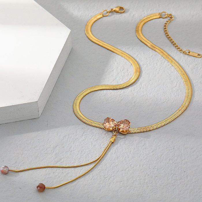 Collier pendentif en forme de cœur, Style Simple et décontracté, nœud papillon, incrustation de placage en acier inoxydable, Zircon plaqué or 18 carats