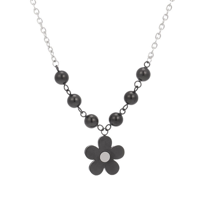 Collier pendentif en acier inoxydable avec placage de perles, style décontracté et cool, fleur