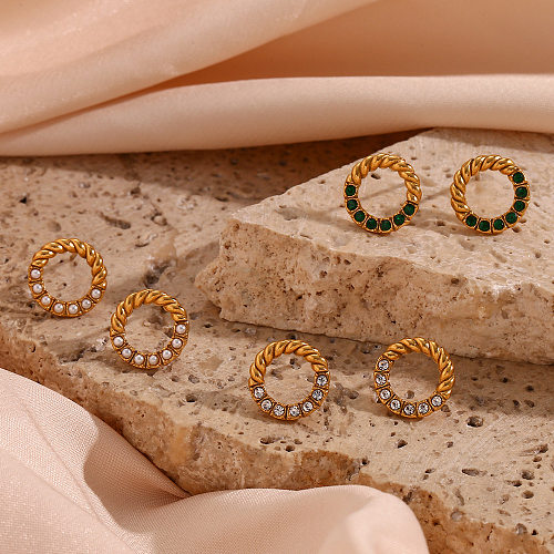 Modische runde Edelstahl-Beschichtung, künstliche Perlen, Zirkon-Ohrstecker, 1 Paar