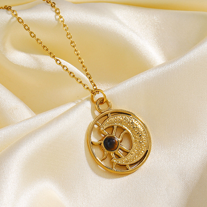 Collar chapado en oro de 18 quilates con revestimiento de acero inoxidable Sun Moon de estilo vintage
