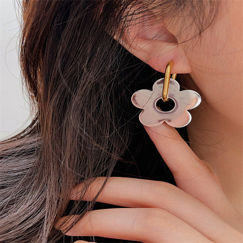 1 paire de boucles d'oreilles pendantes élégantes en acier inoxydable plaqué or, Style moderne et fleur