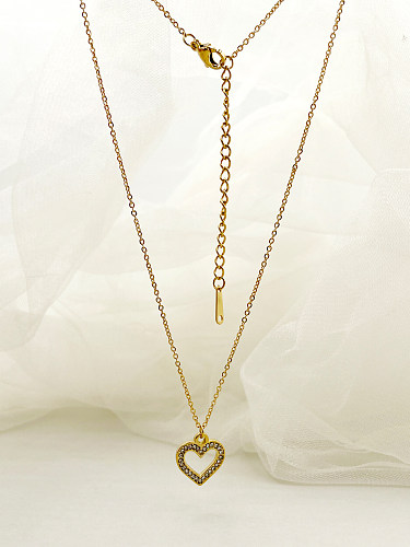 Collier pendentif en forme de cœur doux en acier inoxydable, incrustation de placage de polissage en Zircon plaqué or
