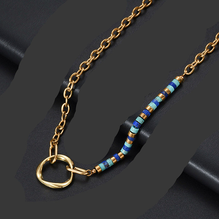 Wholesale Classic Style Circle Stainless Steel  14K Gold Plated Turquoise Pendant Necklace