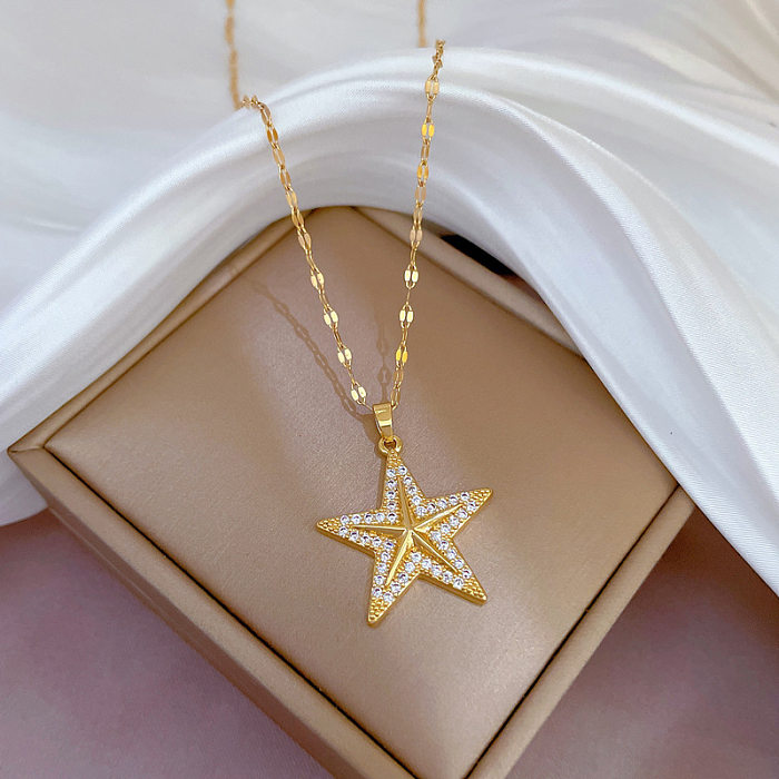 Collar con colgante de diamante artificial con incrustaciones de cadena de cobre y acero inoxidable con forma de estrella de mar a la moda