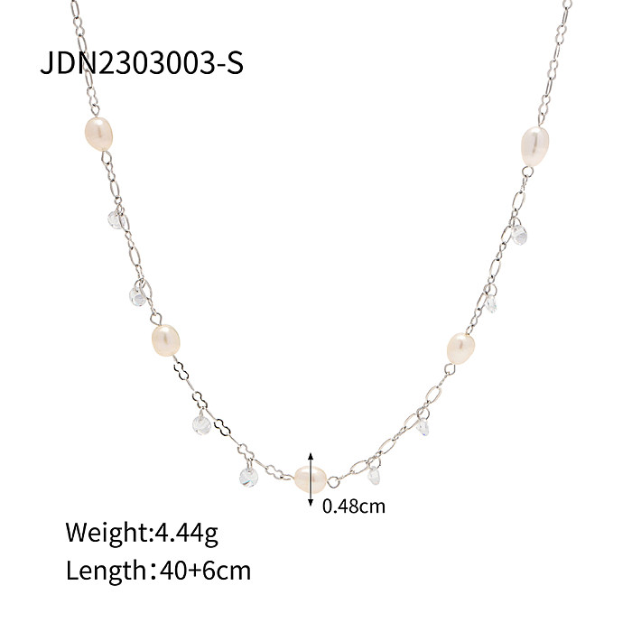 INS Style Geometric Stainless Steel  Inlay Freshwater Pearl Zircon Gold Plated Necklace