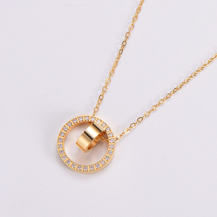 Women'S Fashion Simple Style Round Stainless Steel  Rhinestone Pendant Necklace Diamond Stainless Steel  Necklaces