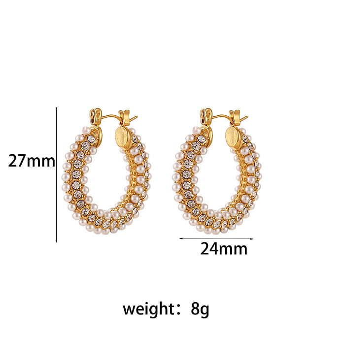 Fashion Geometric Stainless Steel  Inlay Artificial Pearls Zircon Hoop Earrings 1 Pair