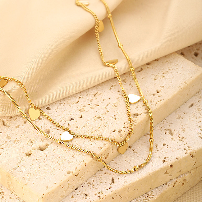 Estilo clássico streetwear forma de coração chapeamento de aço inoxidável 18K banhado a ouro colares de camada dupla