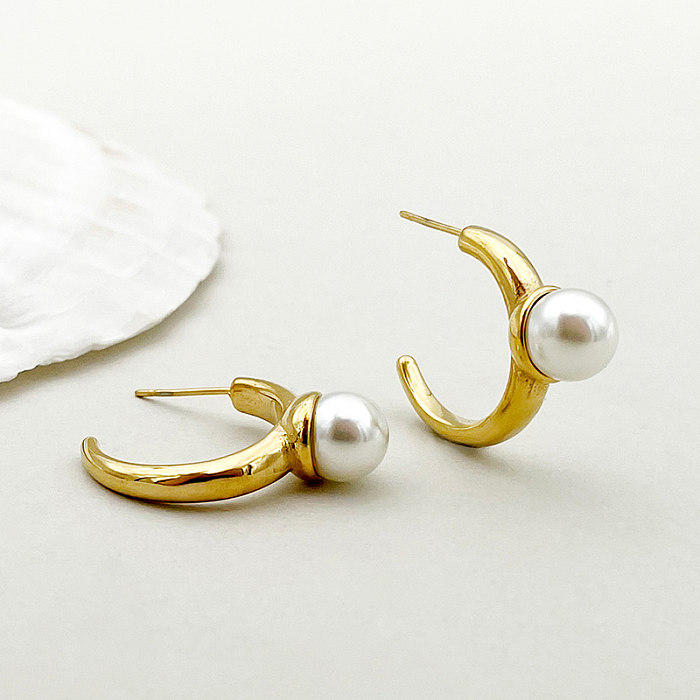 1 paire de clous d'oreilles plaqués or, Style Simple et décontracté, incrustation de placage en forme de C, coquille en acier inoxydable, perles
