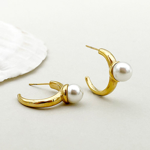 1 paire de clous d'oreilles plaqués or, Style Simple et décontracté, incrustation de placage en forme de C, coquille en acier inoxydable, perles