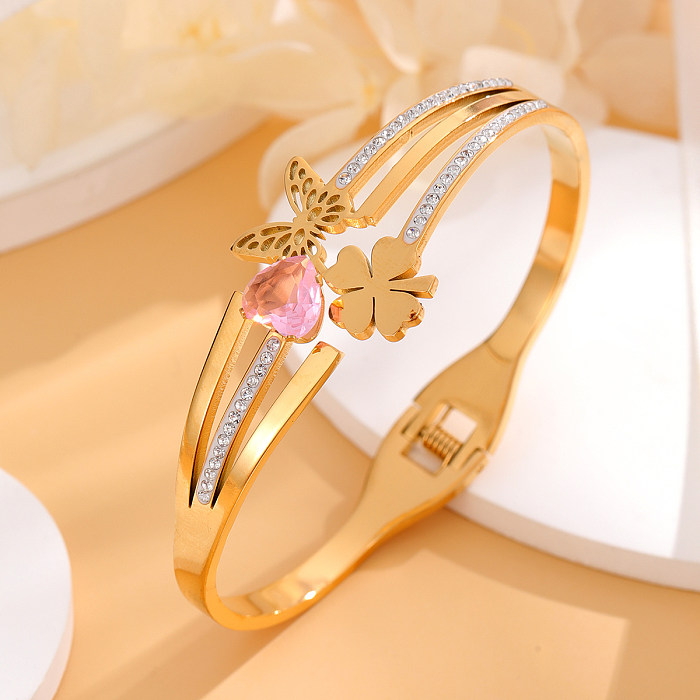 Glam Luxurious Four Leaf Clover Heart Shape Butterfly Titanium Steel Plating Inlay Rhinestones Zircon 18K Gold Plated Bangle
