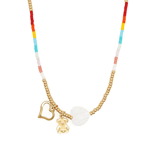 Simple Style Little Bear Heart Shape Stainless Steel  Shell Inlay Shell Pendant Necklace