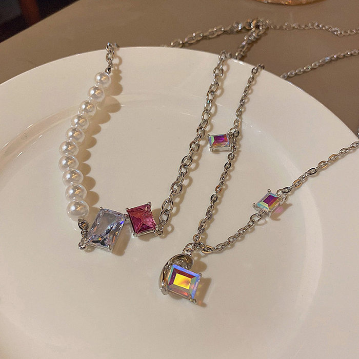 Elegante Damen-Halsketten mit geometrischer Edelstahl-Beschichtung und Intarsien-Strasssteinen
