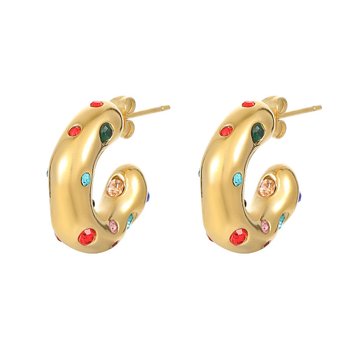 Boucles d'oreilles plaquées or, Style Simple, Style classique, incrustation en forme de C, en acier inoxydable, perle, Zircon, 1 pièce