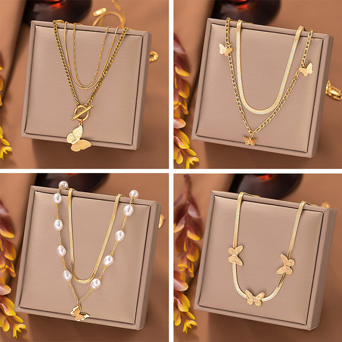 Lässige, elegante Schmetterlings-Halsketten aus Edelstahl mit Knebelverschluss und Perlenbeschichtung