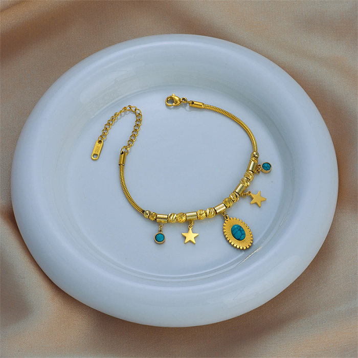 Pentagramm-Armbänder im Vintage-Stil, rund, mit Titan-Stahleinlage, Türkis, 18 Karat vergoldet
