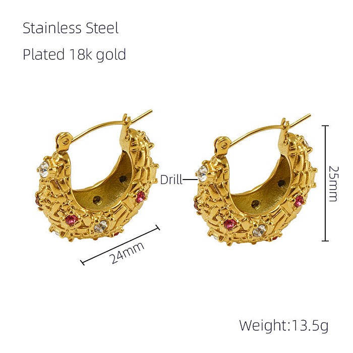 1 Paar glamouröse Retro-Ohrringe mit geometrischem Edelstahl-Inlay und Zirkon, 18 Karat vergoldet