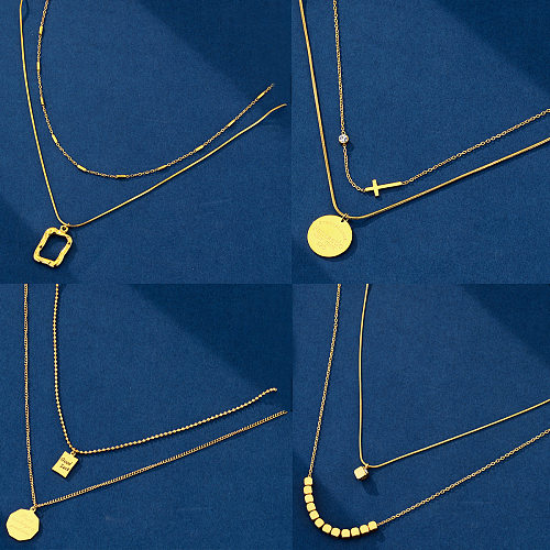 Colliers superposés élégants et simples avec lettres carrées, couleur unie, incrustation de placage en acier inoxydable, Zircon plaqué or 18 carats