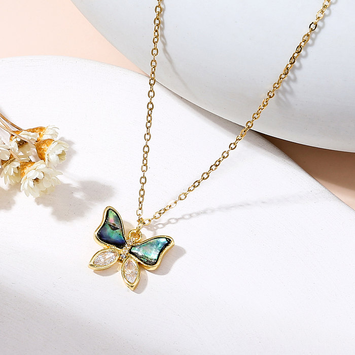 Vintage Style Butterfly Stainless Steel  Plating Inlay Zircon Abalone Shell 18K Gold Plated Pendant Necklace