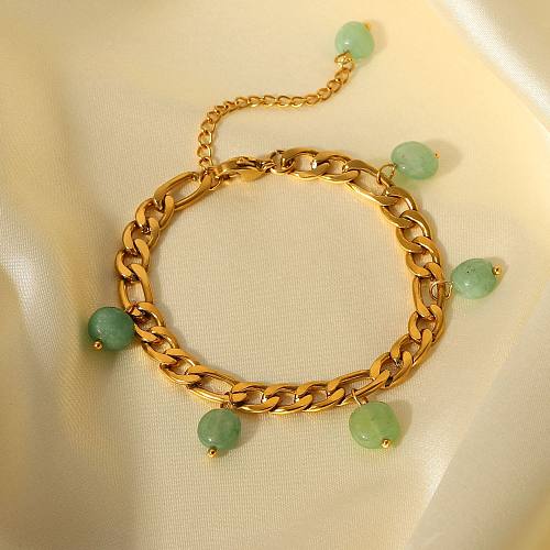 Vintage Green Natural Stone Tassel Pendant 18K Gold-plated Stainless Steel Bracelet