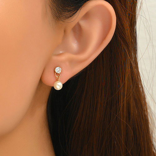 1 Paar lässige, süße Pendel-Ohrringe mit Perlenbeschichtung, Edelstahl-Zirkon, 18 Karat vergoldet