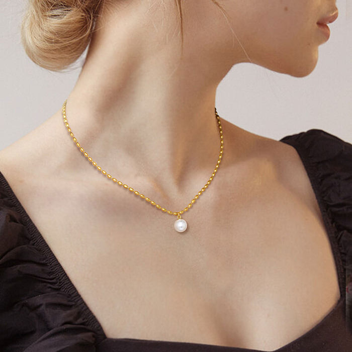 Collier pendentif plaqué or 18 carats, Style Baroque, couleur unie, acier inoxydable, incrustation de placage de polissage, perles artificielles