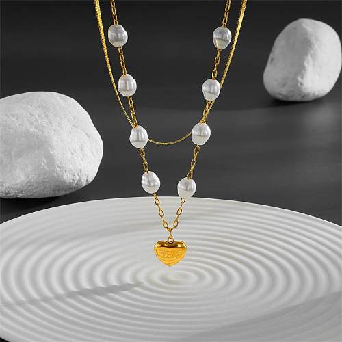 Elegant Sweet Heart Shape Stainless Steel Plating Inlay Artificial Pearls Layered Necklaces