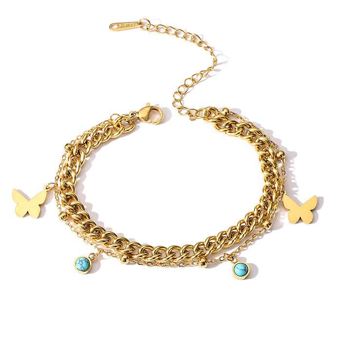 Simple Style Commute Leaves Dolphin Butterfly Titanium Steel Inlay Turquoise Zircon 18K Gold Plated Bracelets