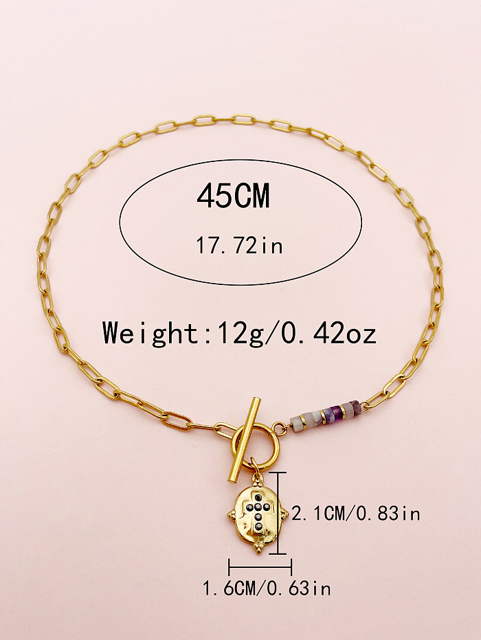 Casual Commute Shield Stainless Steel  Toggle Plating Inlay Natural Stone Zircon Gold Plated Pendant Necklace