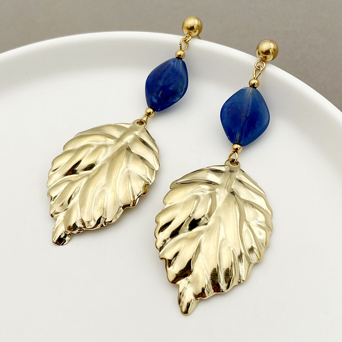 1 Paar elegante Blätter-Ohrhänger aus Edelstahl mit Kristallbeschichtung und 14-Karat-Vergoldung