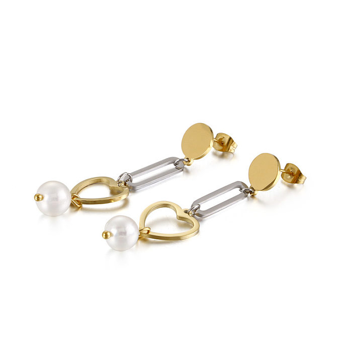 Boucles d'oreilles longues en perles en forme de cœur, bijoux créatifs rétro simples en acier inoxydable, vente en gros, nouvelle collection