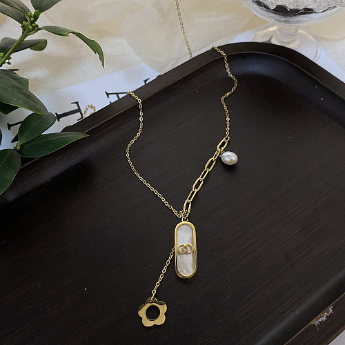 IG Style Sweet Flower Rectangle Stainless Steel  Pearl Plating Inlay Shell 18K Gold Plated Pendant Necklace