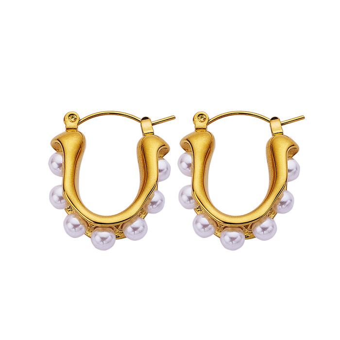 Pendientes de perlas de acero inoxidable con incrustaciones chapadas en forma de U elegantes estilo IG de 1 pieza