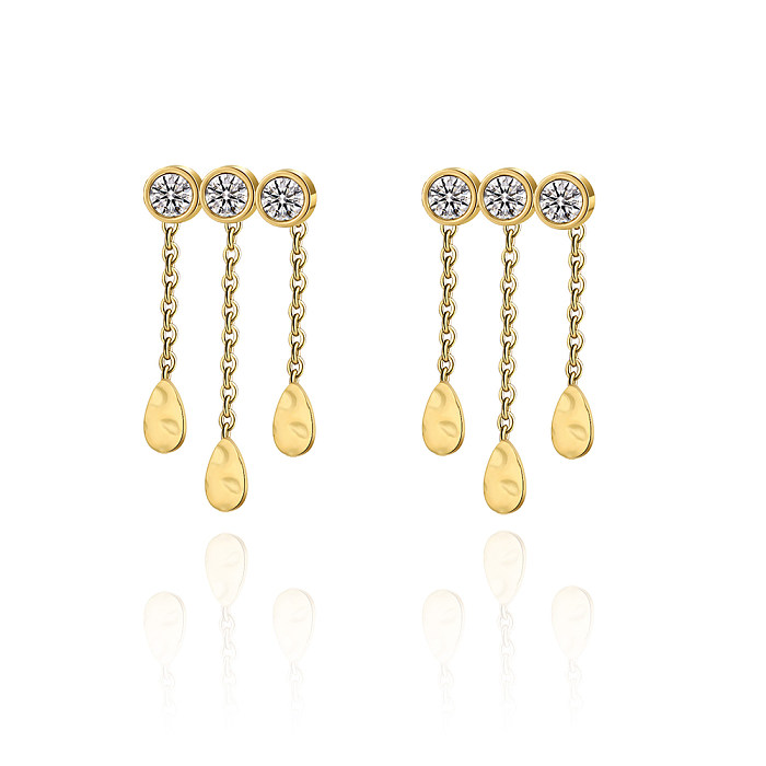 Fashion Round Water Droplets Stainless Steel Tassel Zircon Drop Earrings 1 Pair