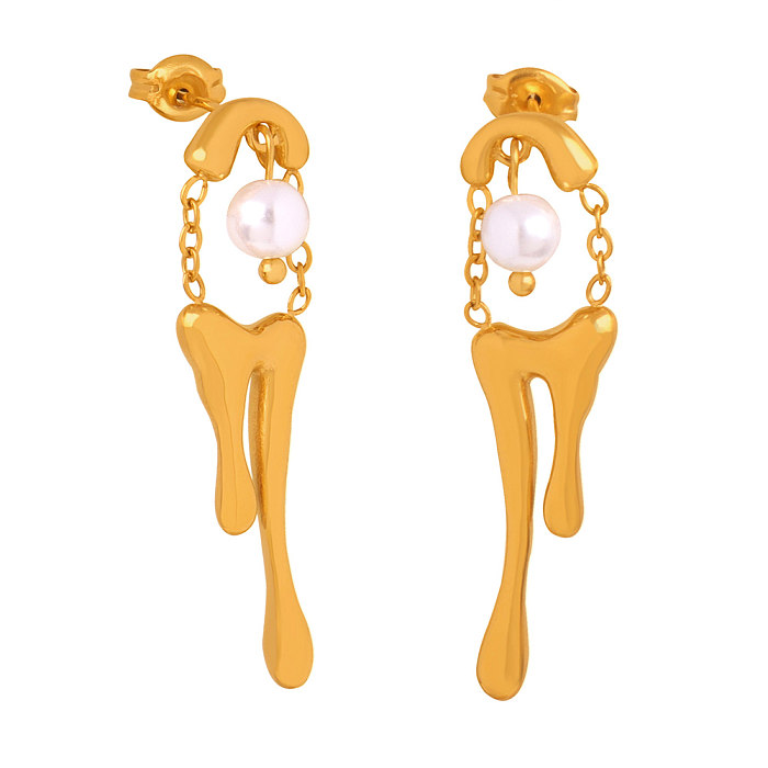 1 par de elegantes pendientes de gota chapados en oro de 18K con incrustaciones de gotas de agua de estilo barroco, perlas artificiales de acero inoxidable