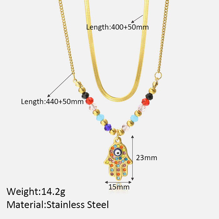 Schlichter Stil, glänzende Palmen-Edelstahl-Beschichtung, Intarsien, Zirkon, 18 Karat vergoldet, doppellagige Halsketten