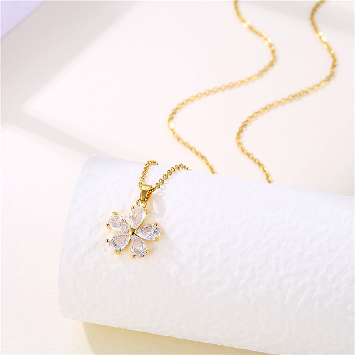 1 Piece Retro Four Leaf Clover Candy Fish Stainless Steel  Stainless Steel Inlay Zircon Pendant Necklace