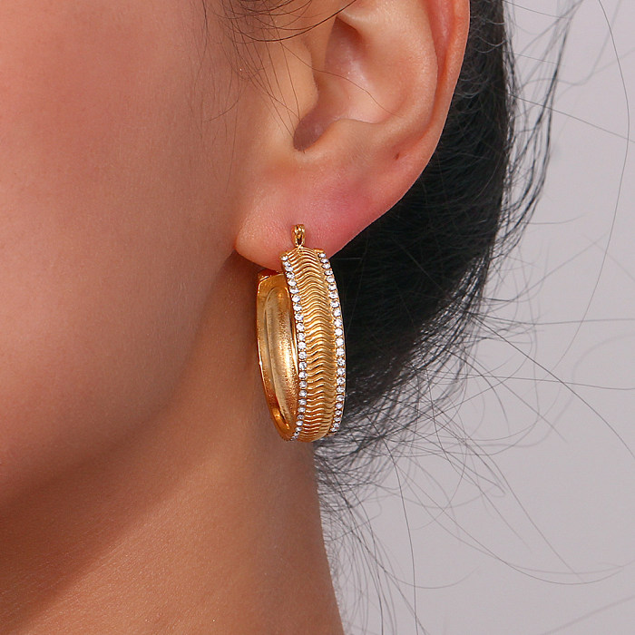 1 Pair Vintage Style Geometric Inlay Stainless Steel  Rhinestones 18K Gold Plated Hoop Earrings