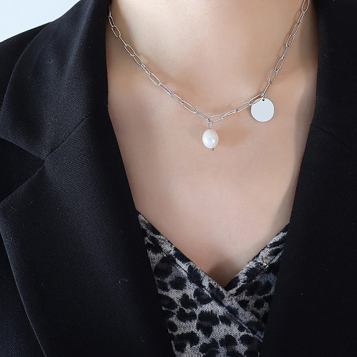 Simple Style Oval Stainless Steel Inlay Freshwater Pearl Necklace