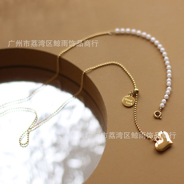 Korean Heart Long Tassel Pearl Stainless Steel Necklace