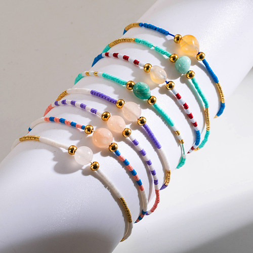 Wholesale Bohemian Round Stainless Steel Beaded Natural Stone Gold Plated Bracelets