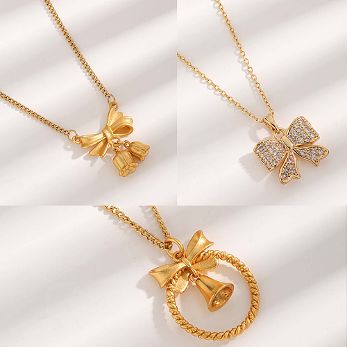 Simple Style Bow Knot Stainless Steel Plating Inlay Zircon Gold Plated Pendant Necklace