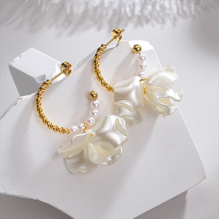 1 Pair Lady Flower Plating Stainless Steel  Artificial Pearl 18K Gold Plated Drop Earrings