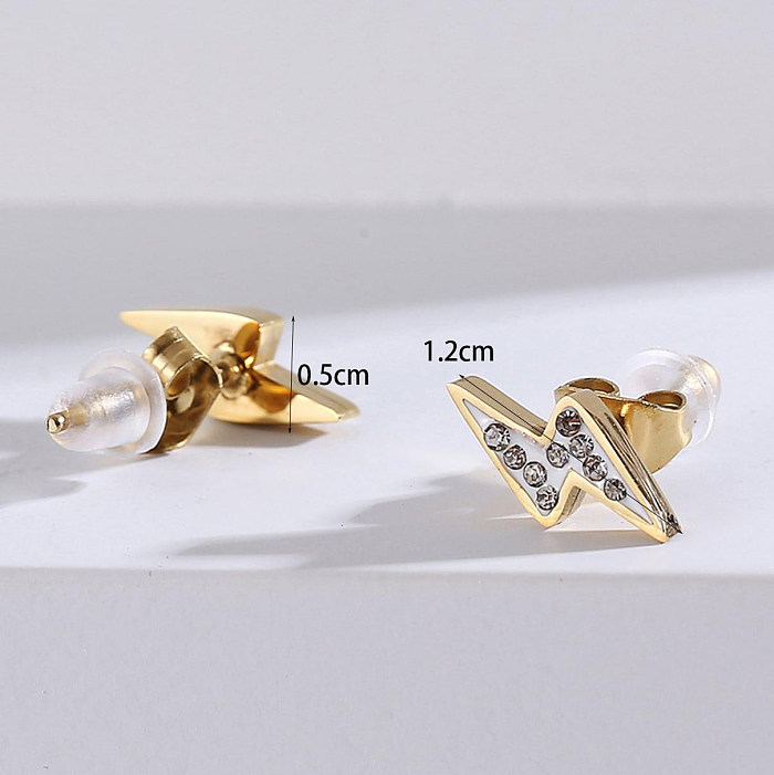 Fashion Lightning Stainless Steel  Ear Studs Three-dimensional Gold Plated Rhinestones Stainless Steel  Earrings 1 Pair