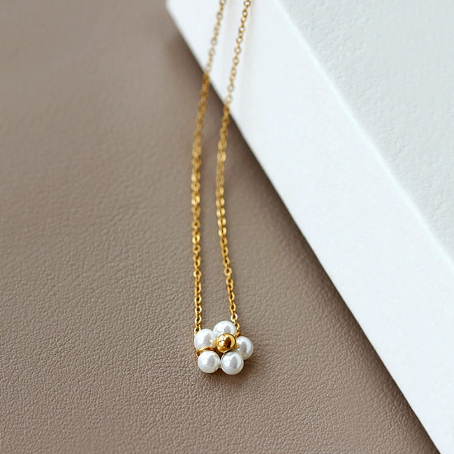 Collier pendentif fleur rétro en acier inoxydable, placage de perles, perles artificielles, colliers en acier inoxydable