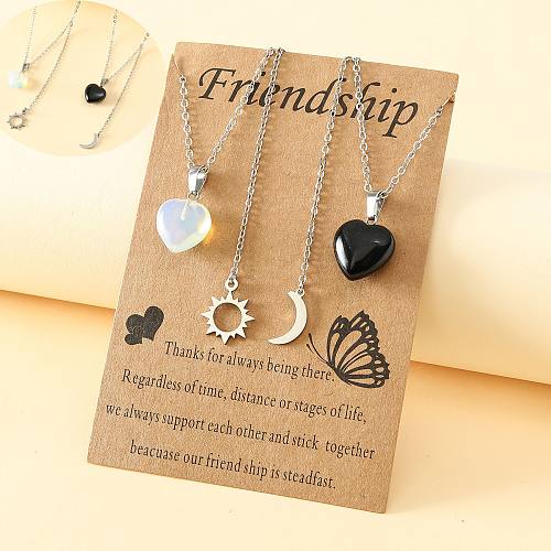 Fashion Stainless Steel  Sun And Moon Friendship Card Heart-Shaped Natural Stone Clavicle Chain