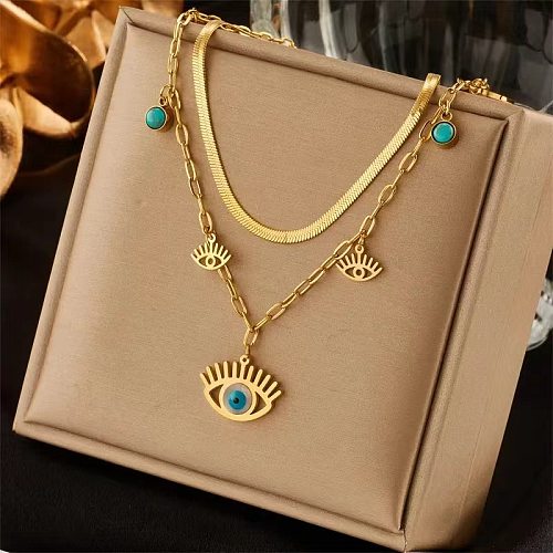 Streetwear Eye Stainless Steel Plating Inlay Turquoise Layered Necklaces