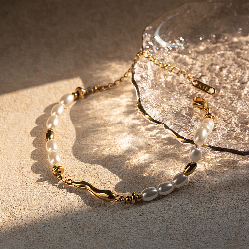 Bracelets plaqués or 18 carats en acier titane perlé rond en acier inoxydable de style simple